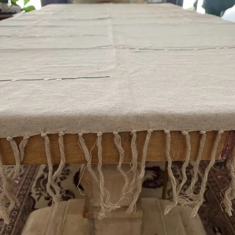 Heavyweight Taupe Linen Tablecloth with Fringe Embroidered Leaves 86